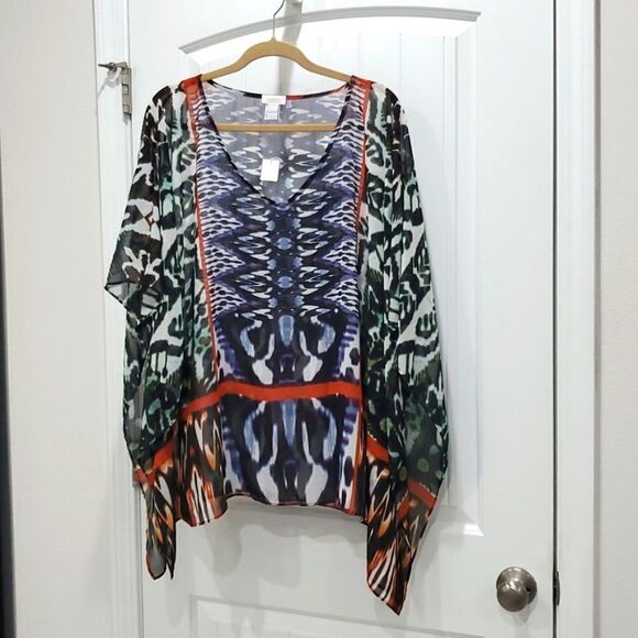 NWT Chicos Blue,Black,Rust  Shawl Poncho Size L/XL Boho Festival Spring - Picture 1 of 5